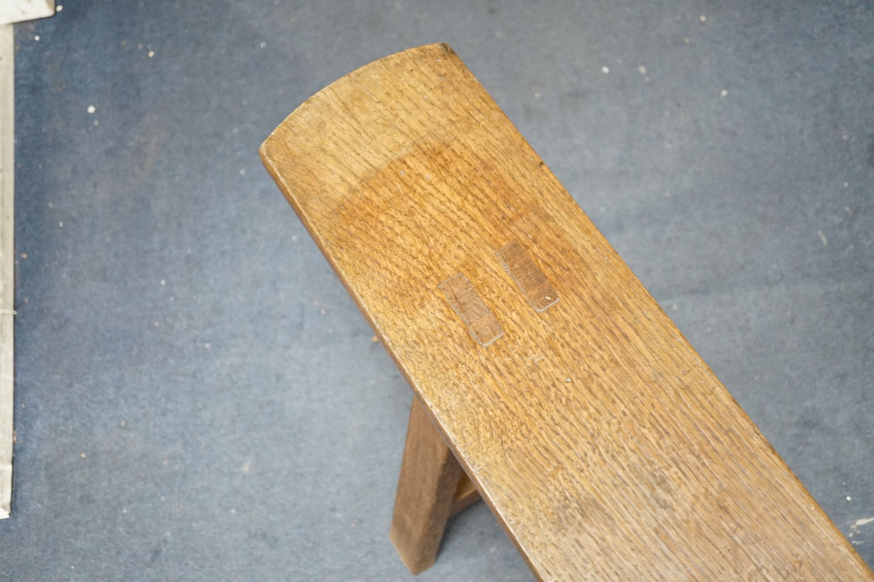 A 19th century French oak bench seat, length 203cm, depth 28cm, height 46cm
